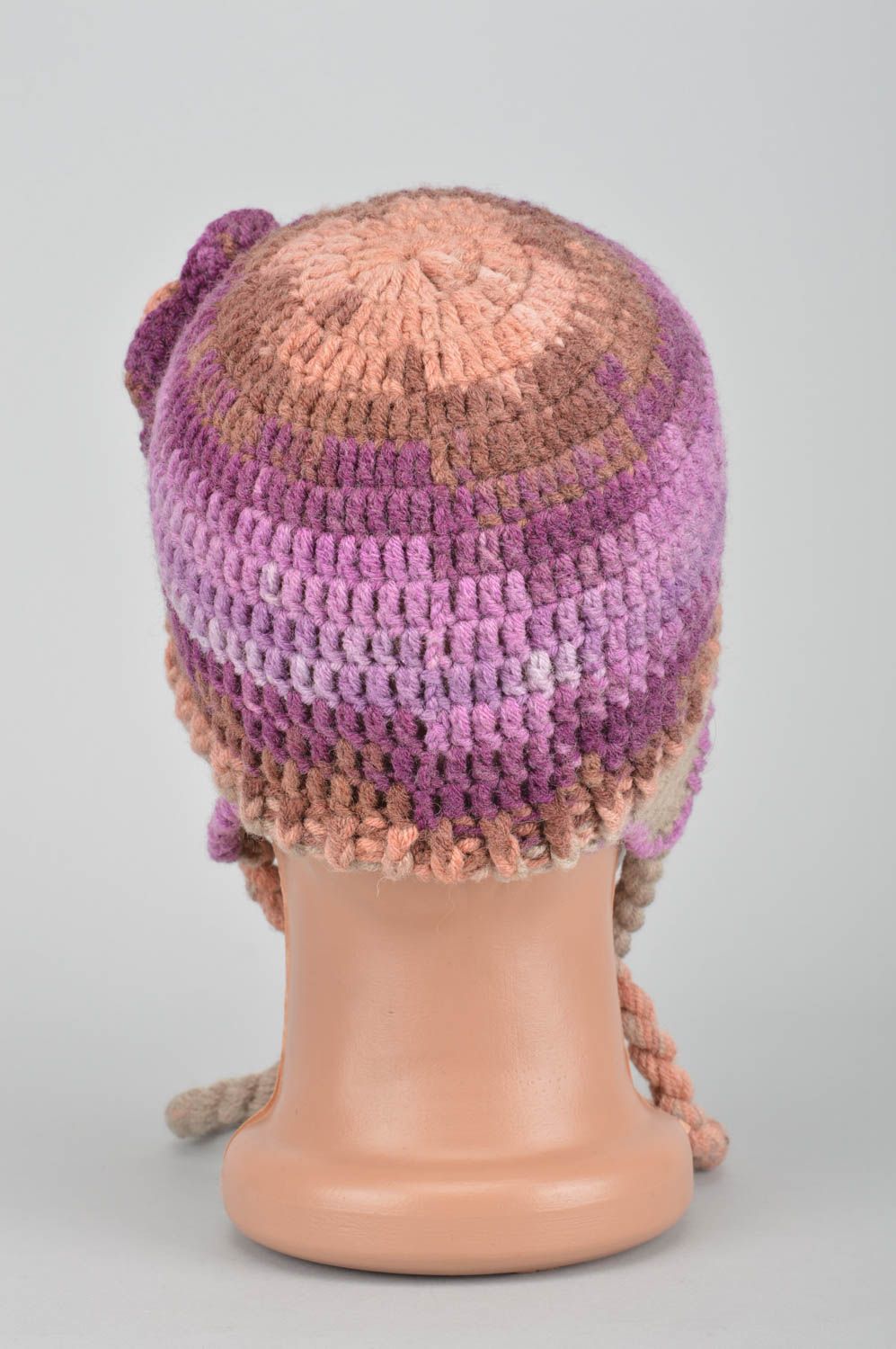 Bonnet d'hiver fait main Bonnet tricot violet oreilles Vêtement enfant fille photo 5