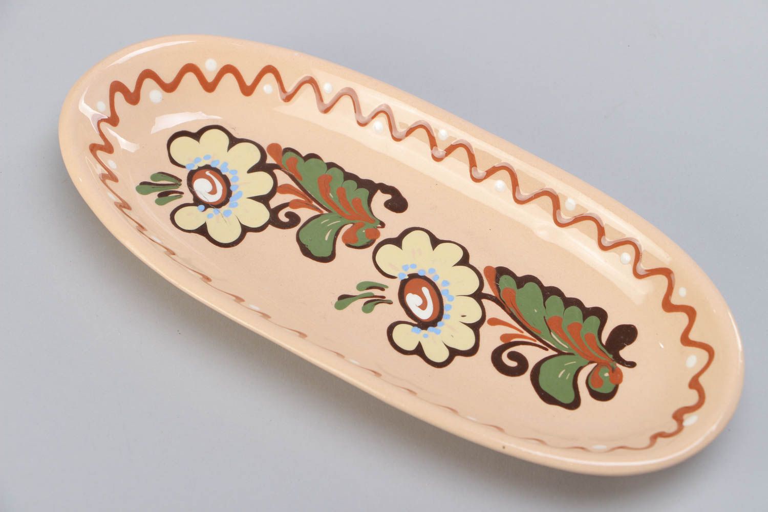 Handmade beautiful painted red clay long plate for fish photo 3