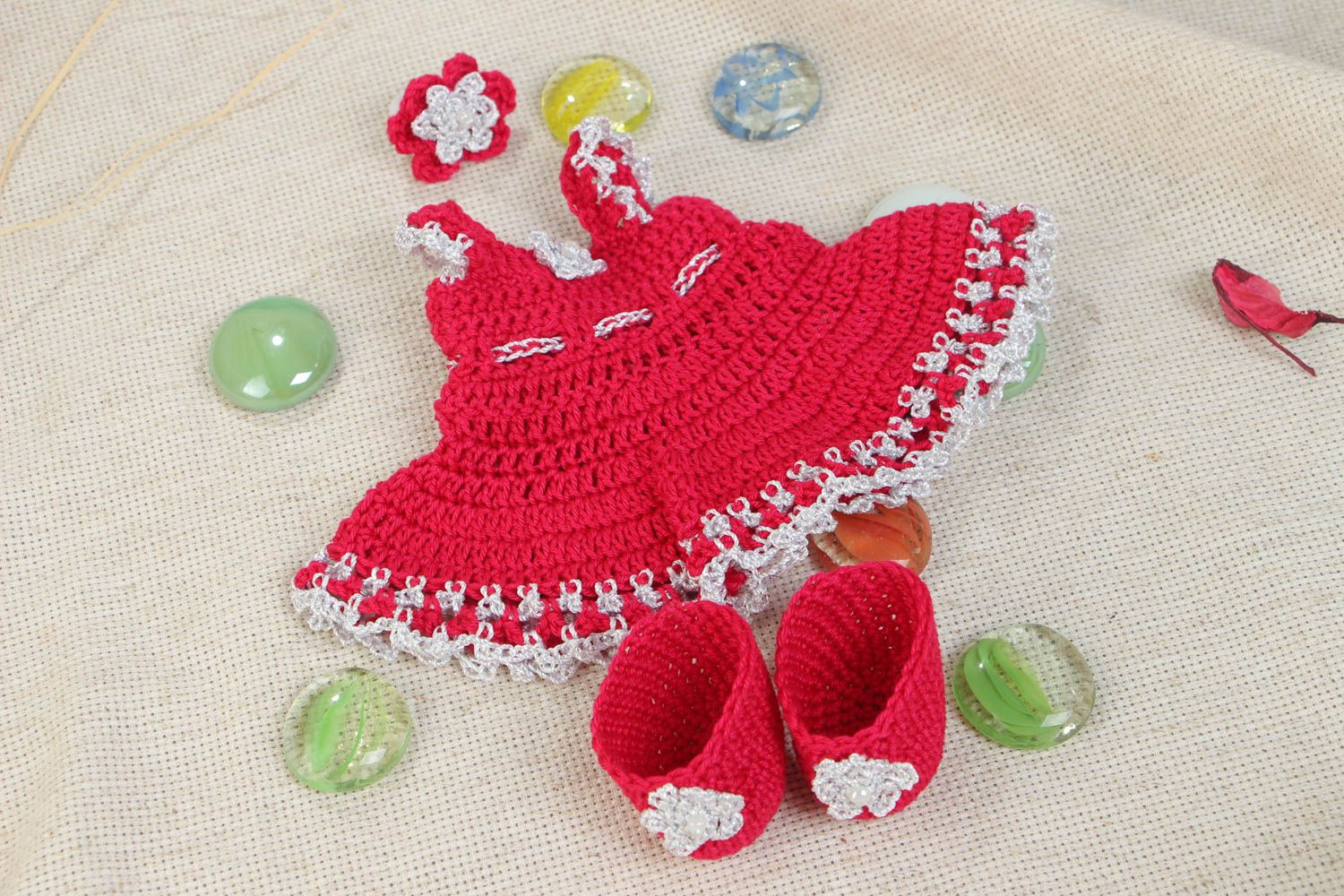 Beautiful handmade crochet doll clothes 3 pieces slippers dress and hair tie photo 1