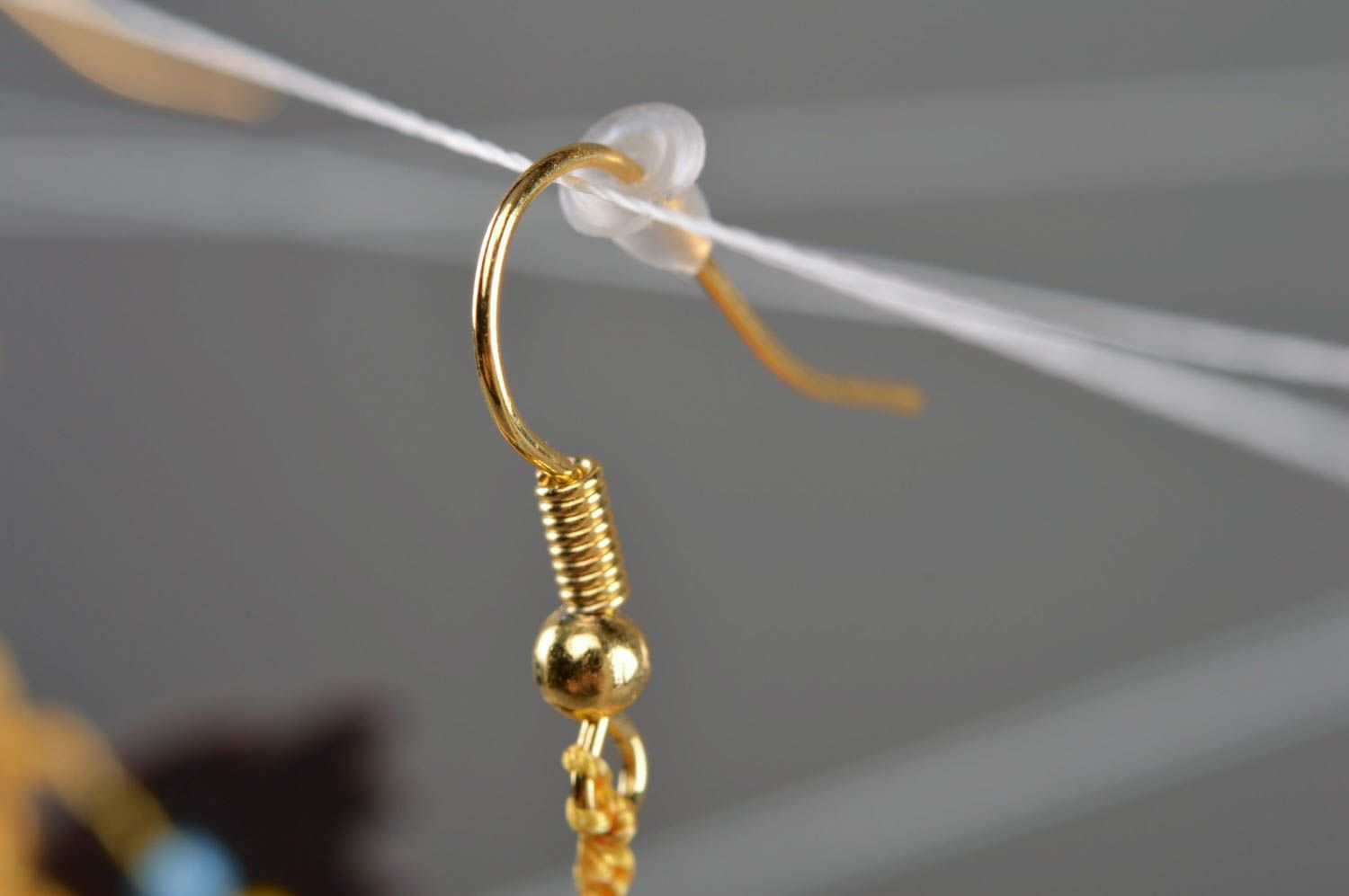 Unusual beautiful handmade yellow textile cotton earrings with beads photo 3