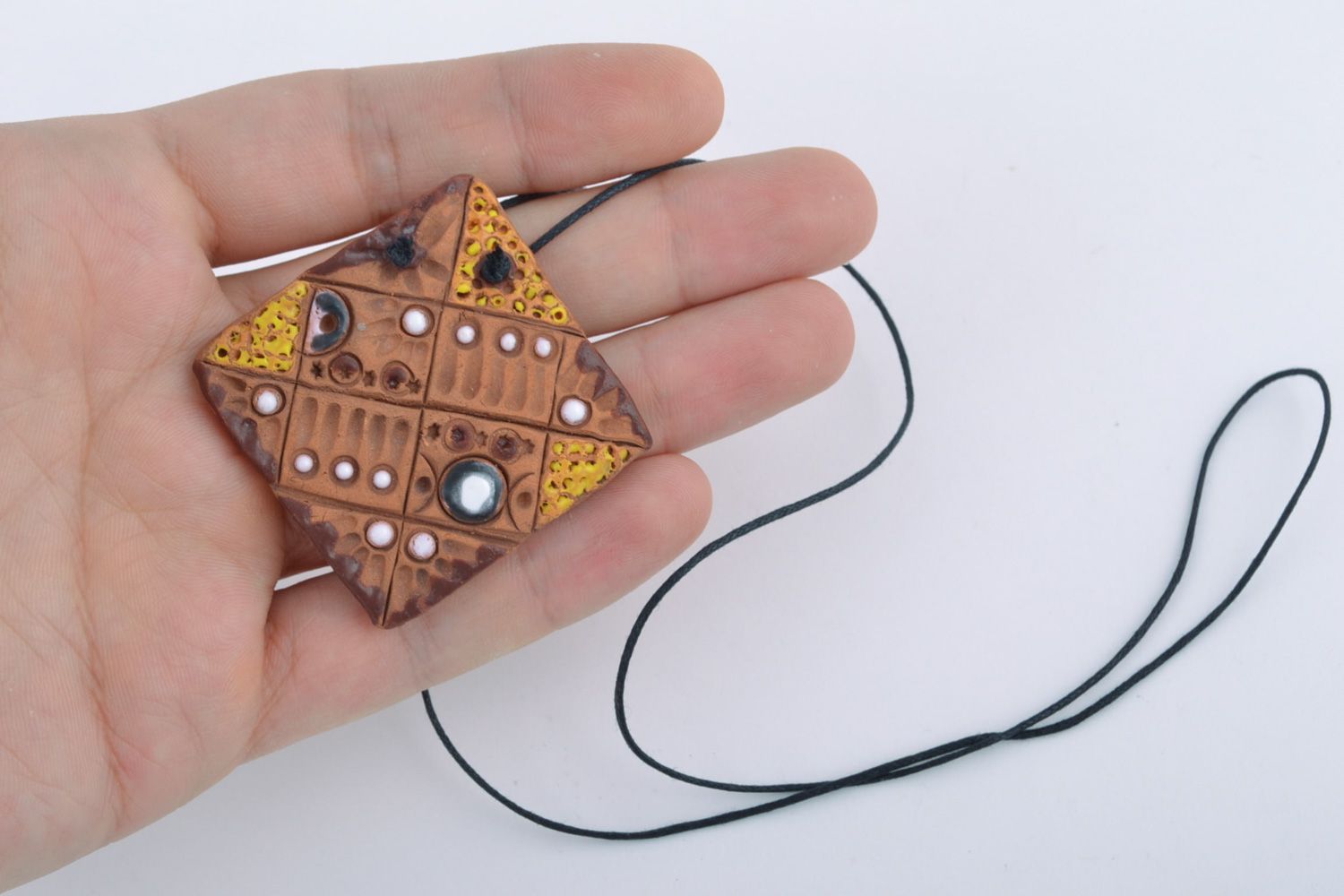 Handmade painted ceramic pendant of square shape in ethic style for women photo 2