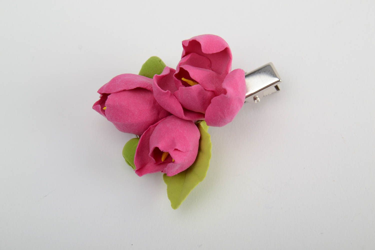 Handmade decorative hair clip with self hardening polymer clay pink flowers  photo 3