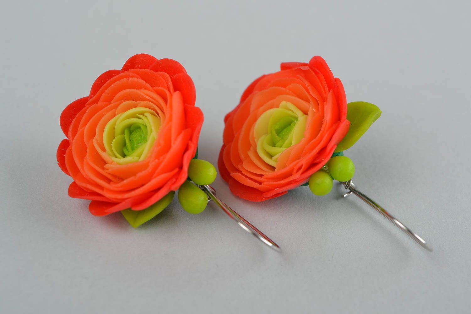 Handmade colorful big earrings made of polymer clay in shape of flowers jewelry photo 5