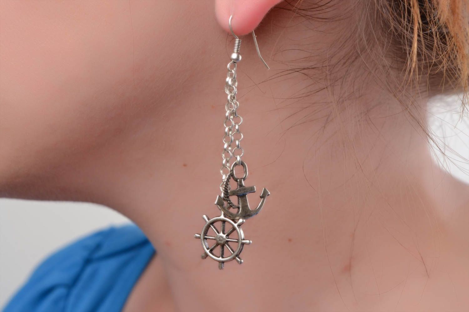 Handmade designer long dangling earrings cast of metal alloy anchor and wheel  photo 2