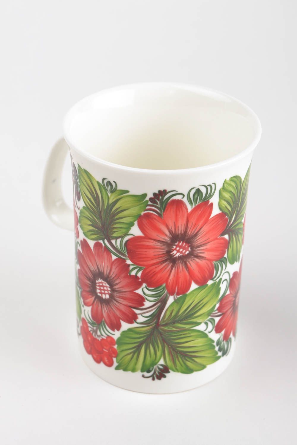 Large 10 oz ceramic porcelain cup with handle and red flowers design photo 5