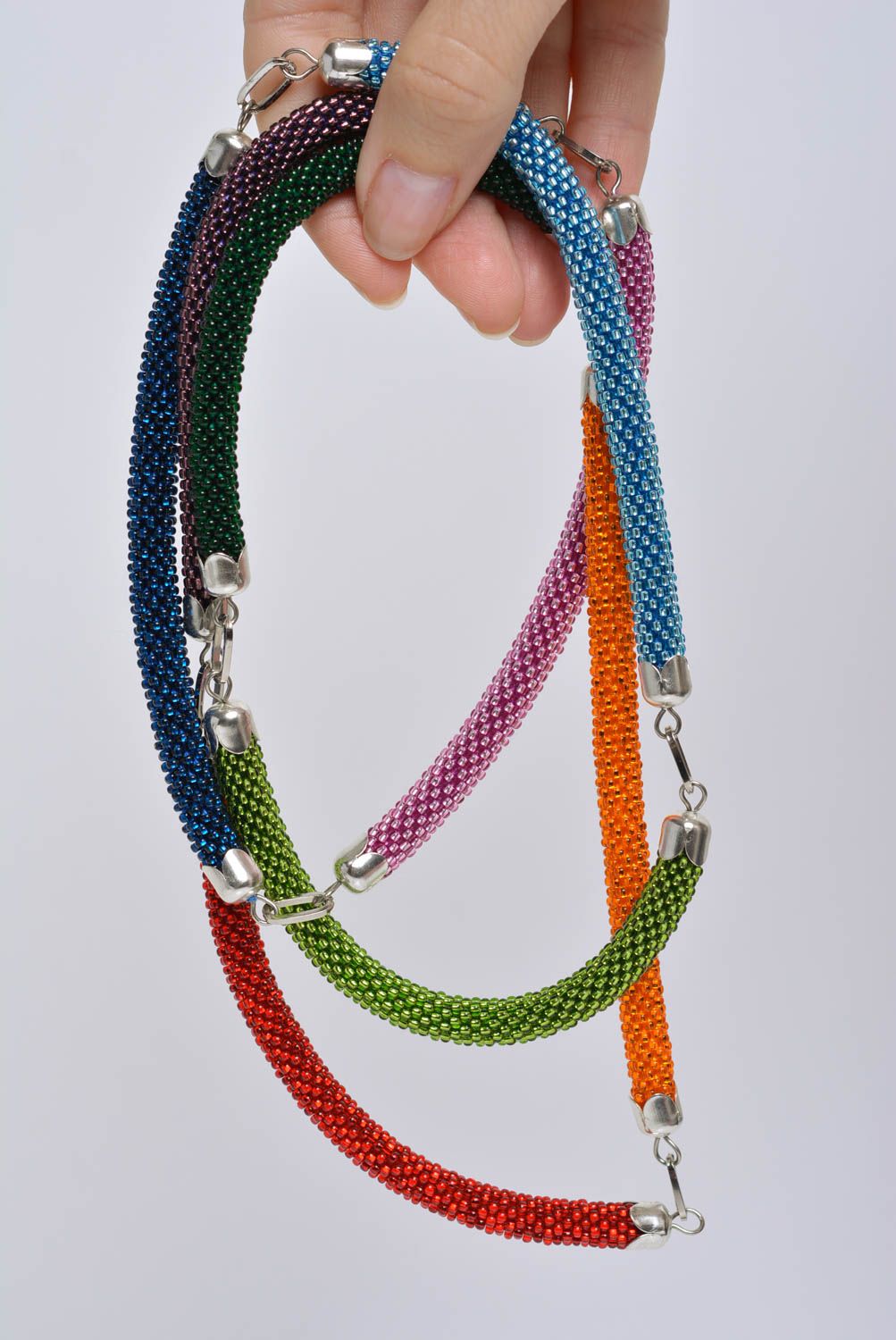 Handmade designer long bead woven cord necklace with bright colorful elements photo 3
