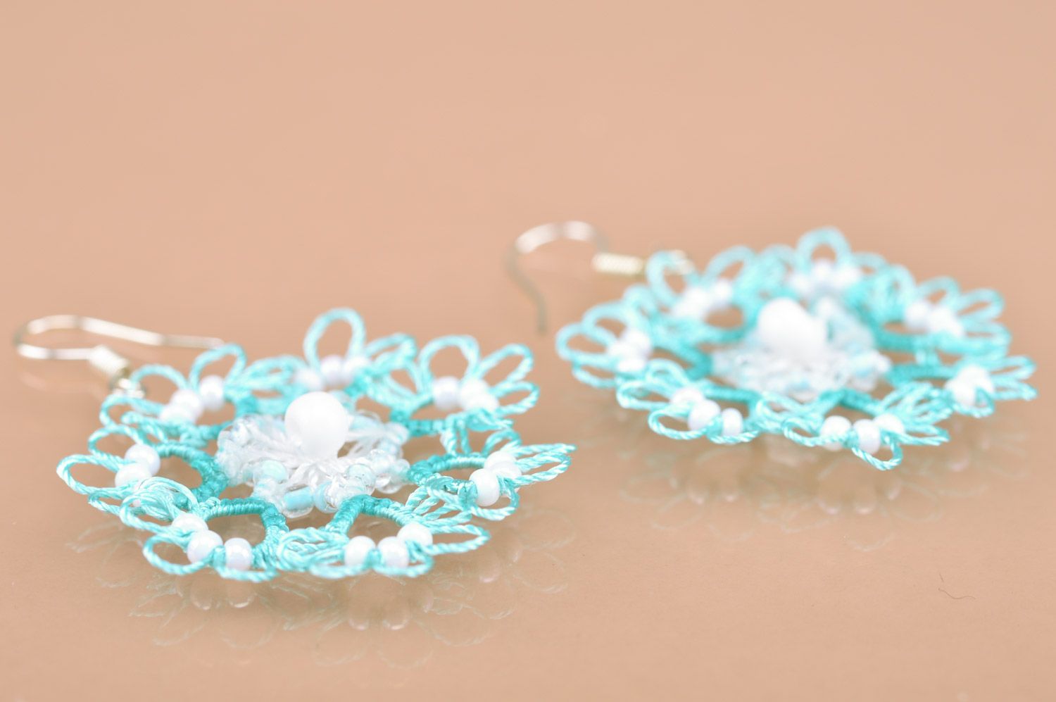 Light blue handmade woven tattings earrings with beads photo 2