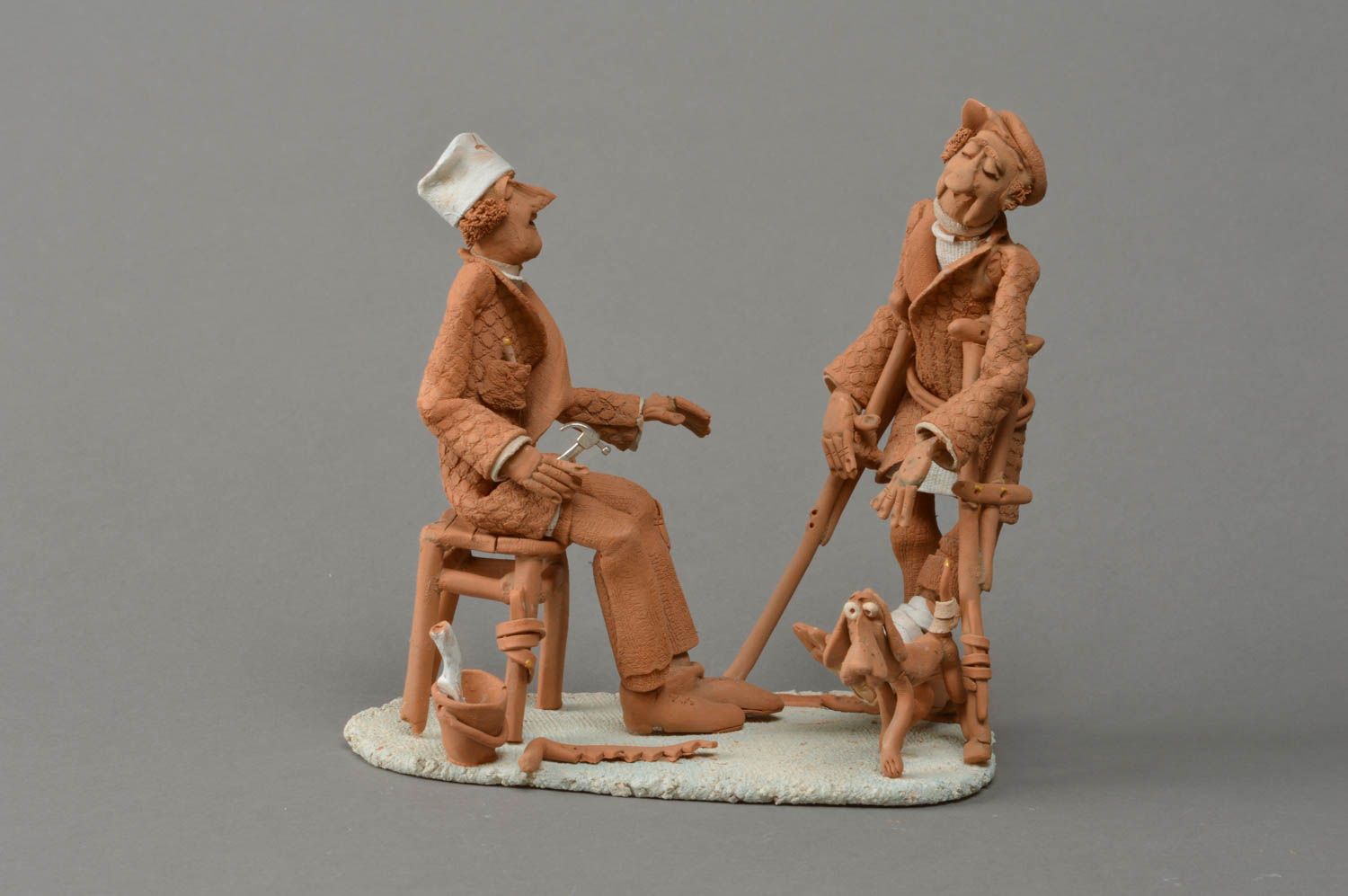 Handmade unusual ceramic miniature sculpture composition Visit to a Doctor photo 1