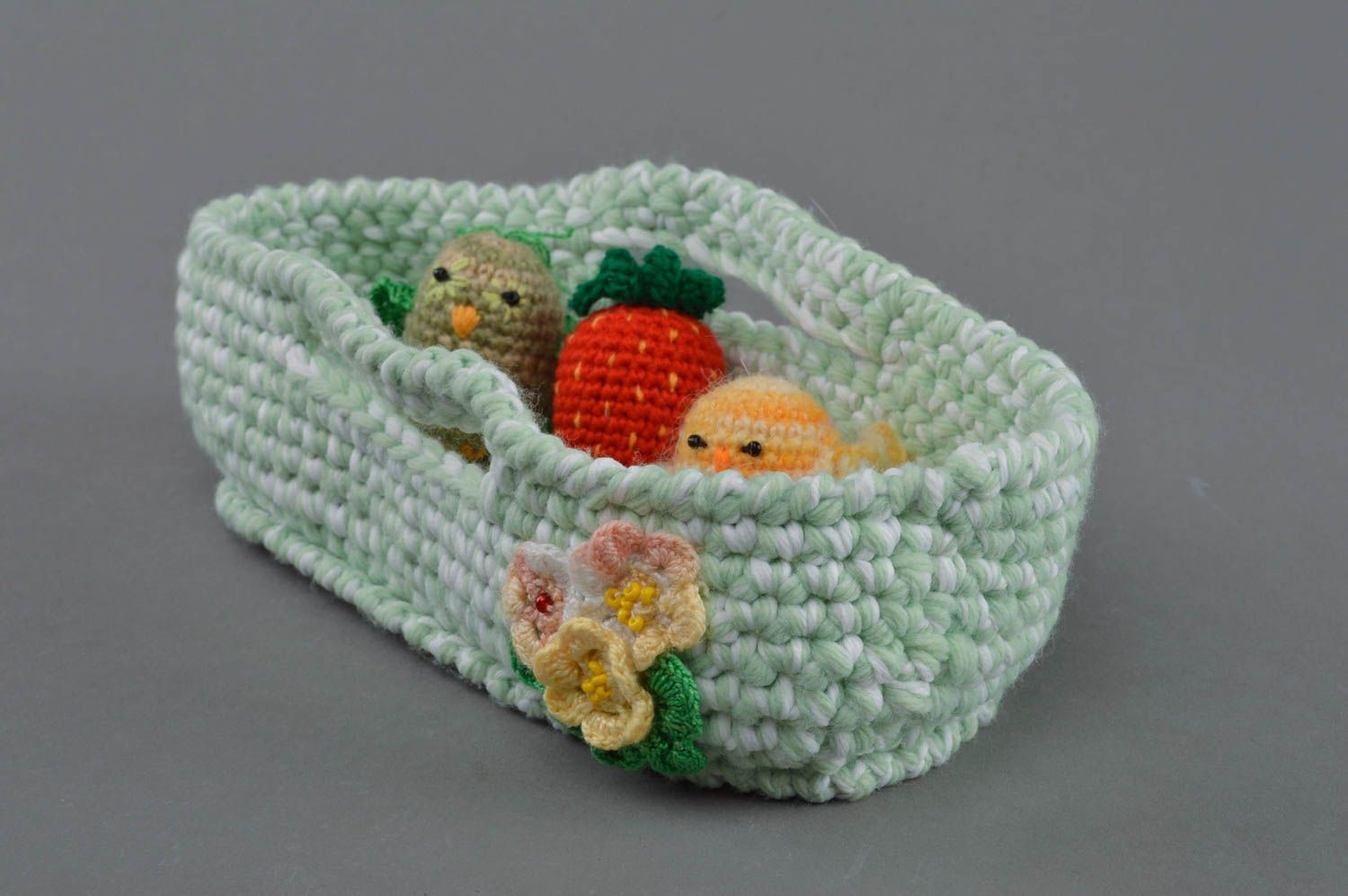 Unusual beautiful green handmade textile basket crochet of acrylic threads photo 1