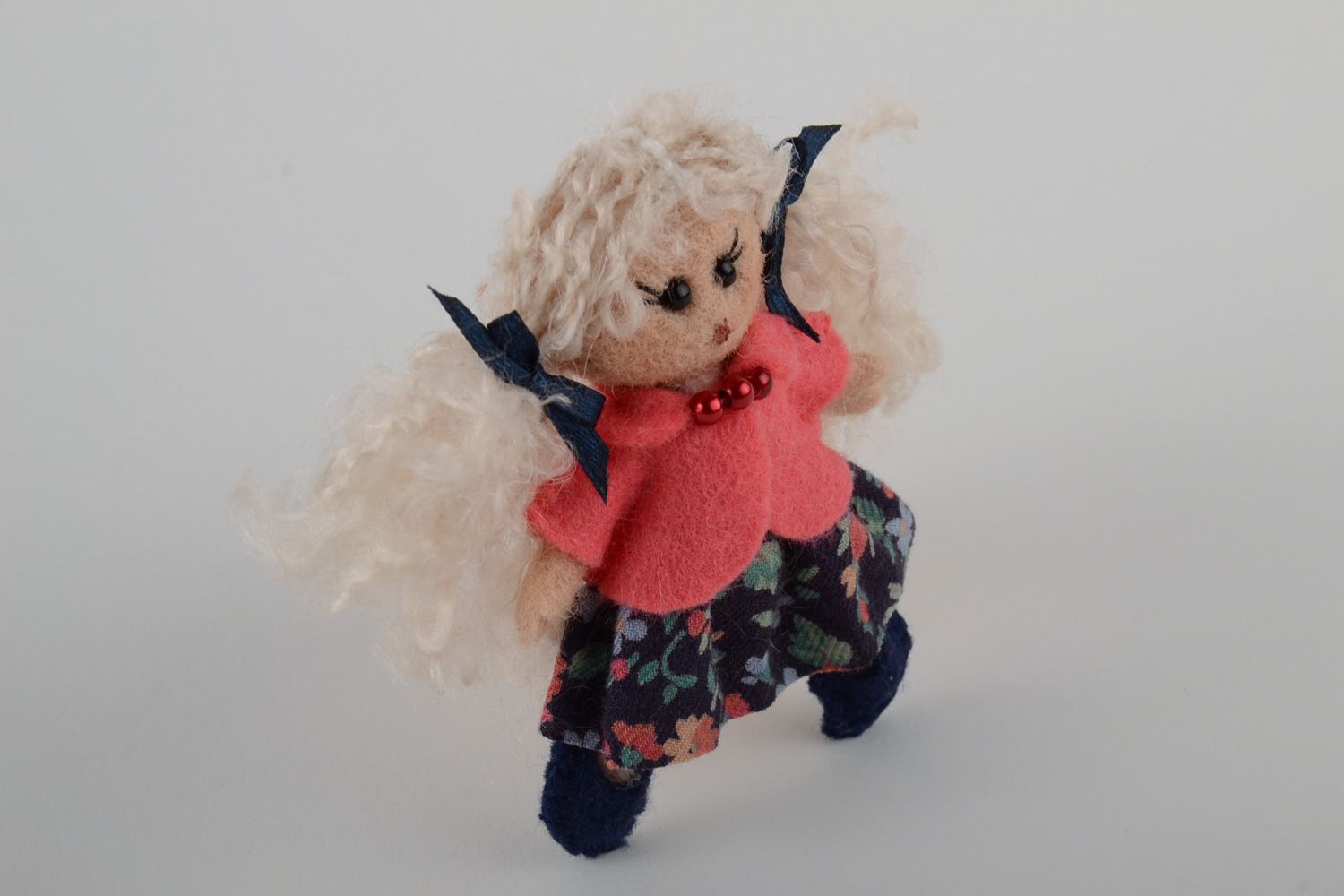 Handmade designer small brooch felted of wool in the shape of a doll in dress photo 4