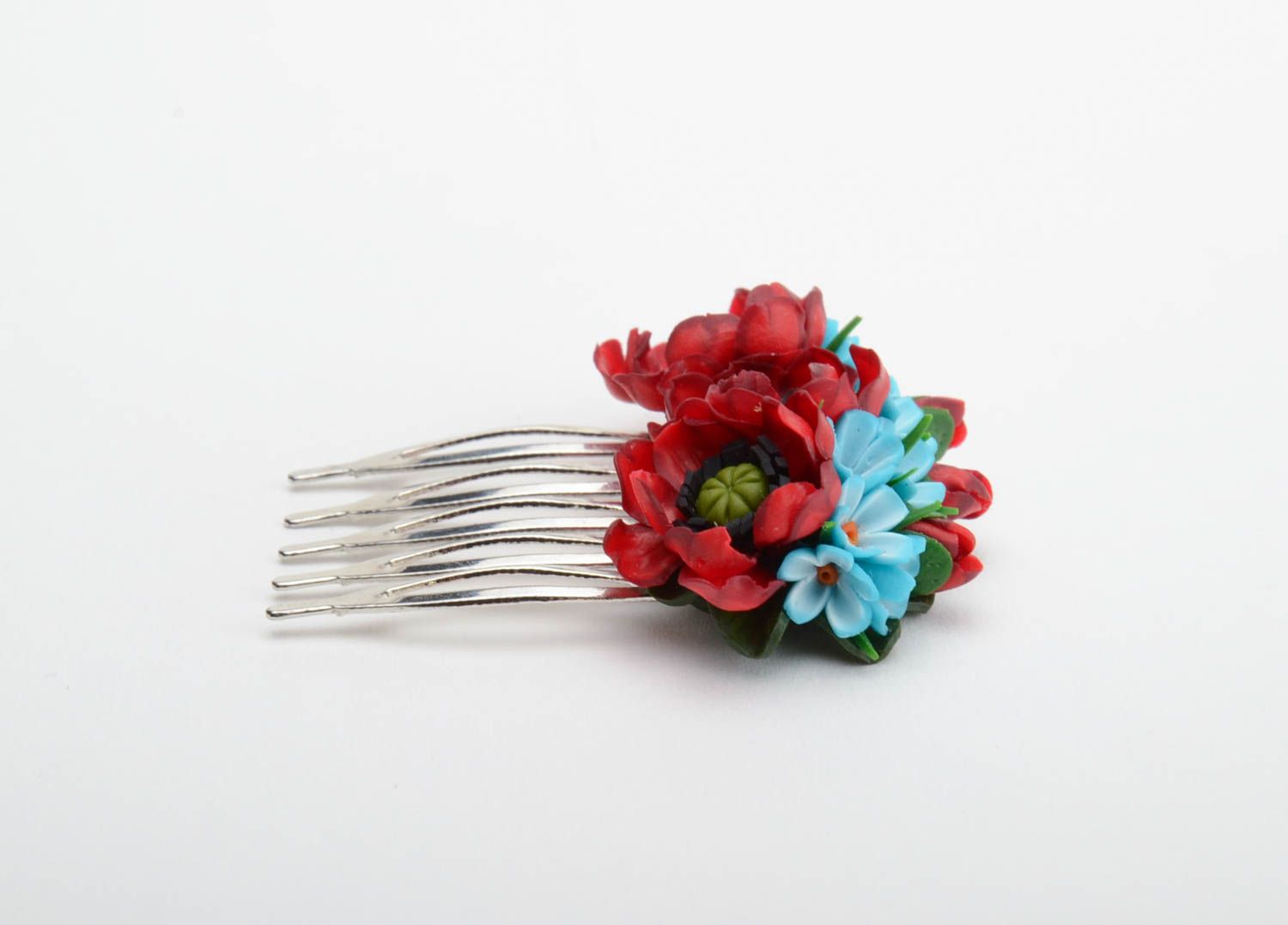 Handmade decorative hair comb with volume polymer clay red and blue flowers  photo 4