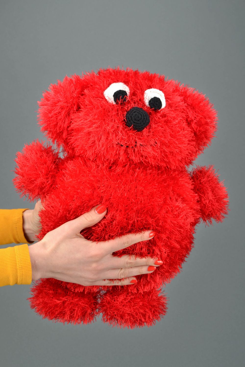 Soft knitted toy Red Shaggy Bear photo 2