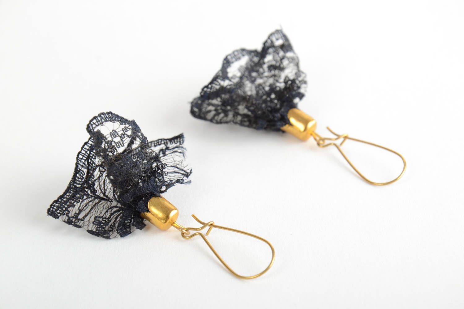 Handmade designer evening festive black lacy earrings  photo 4