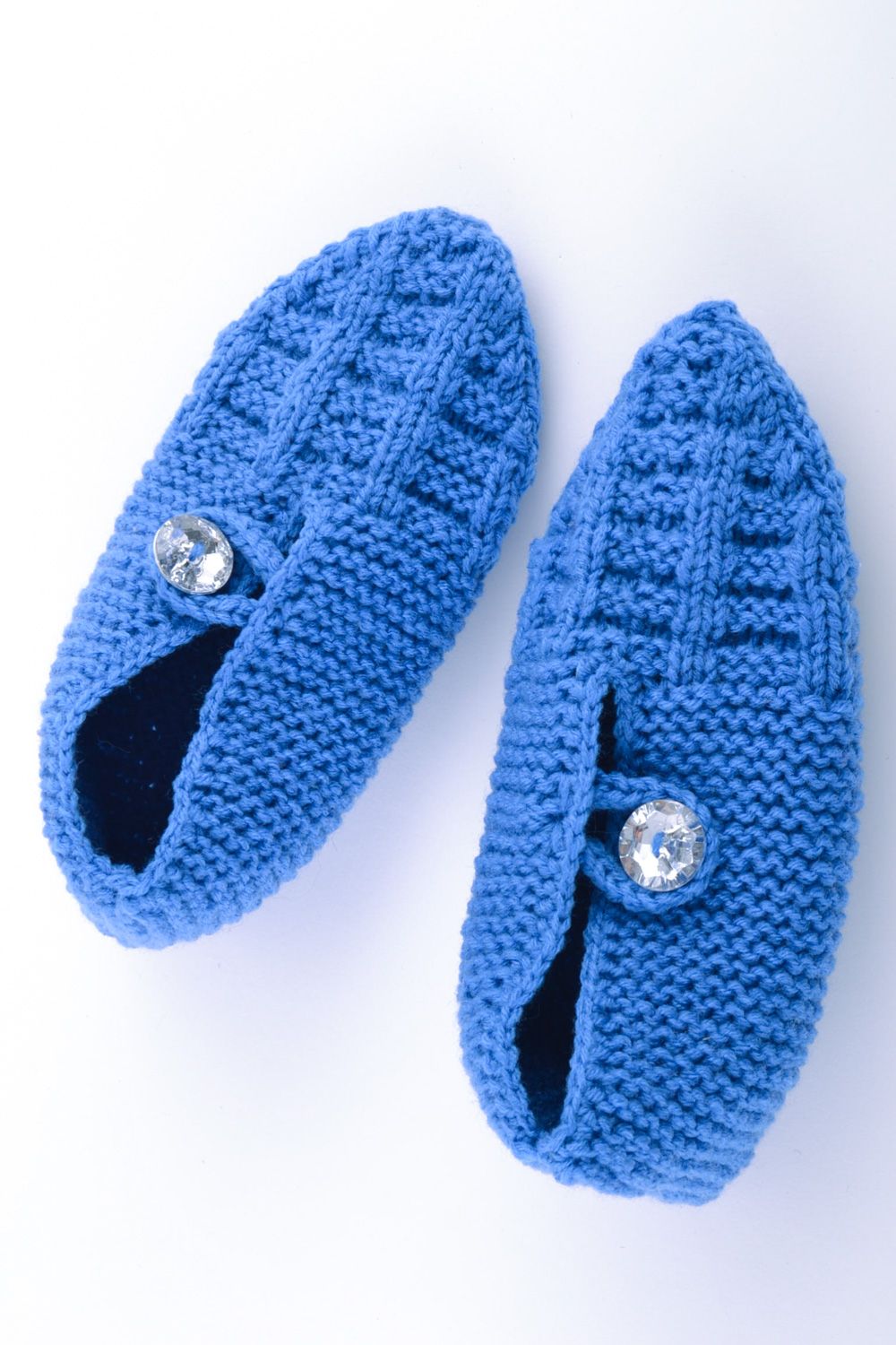 Beautiful warm handmade knitted half-woolen slippers of blue color photo 2