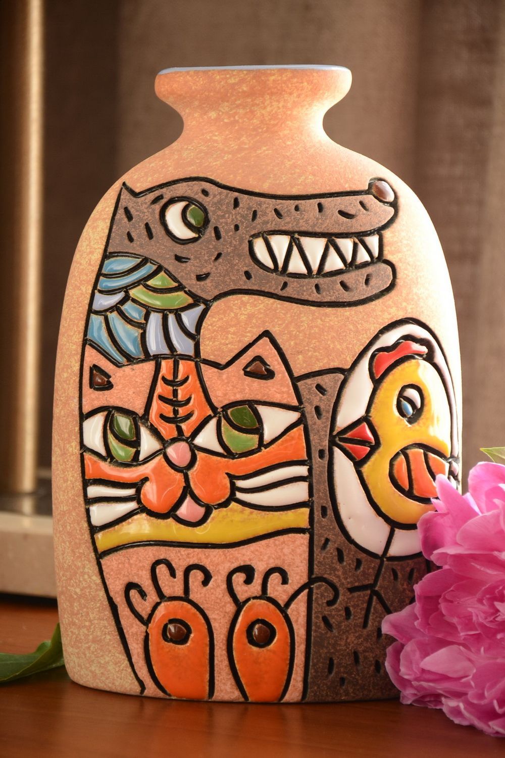 Cat, dog, chick picture ceramic handmade decor vase 30 oz, 9 inches, 0,68 lb photo 1