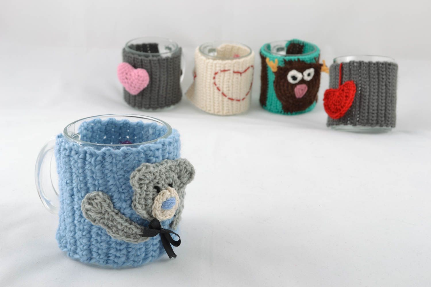 Glass cup with handle in knitter Teddy bear cover photo 5
