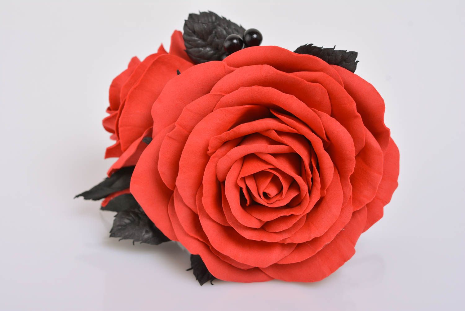 Handmade designer hair clip with volume black and red foamiran rose flowers photo 3