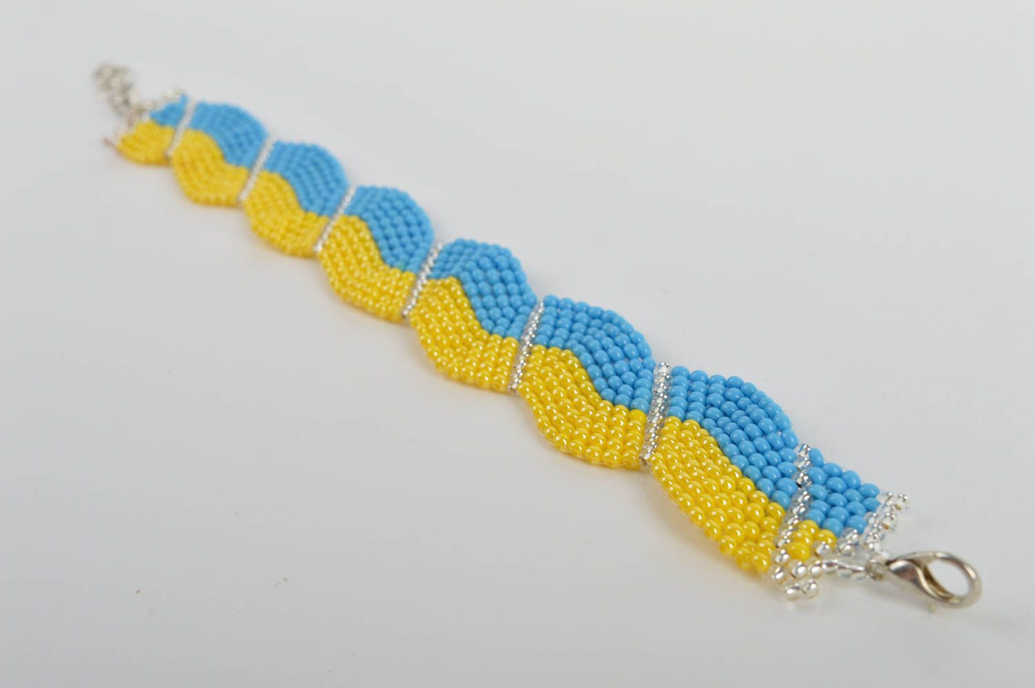 Handmade designer yellow and blue bead woven wide cuff wrist bracelet for women photo 3