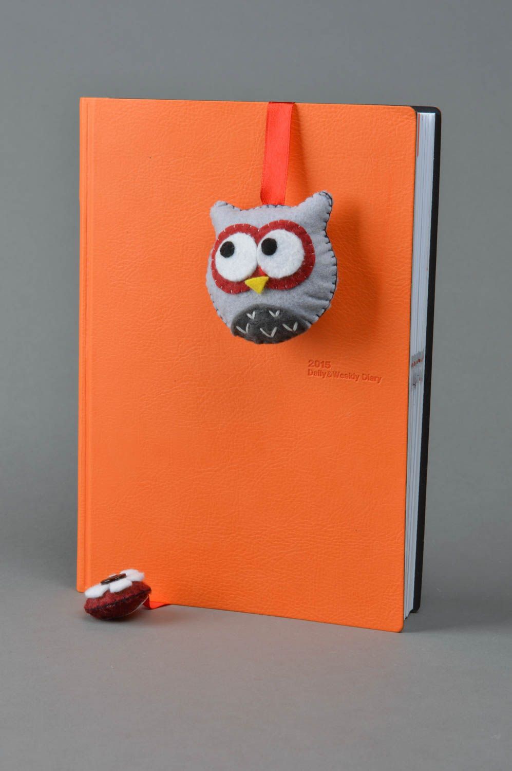 Handmade designer ribbon bookmark with charm gray felt toy owl with embroidery photo 2