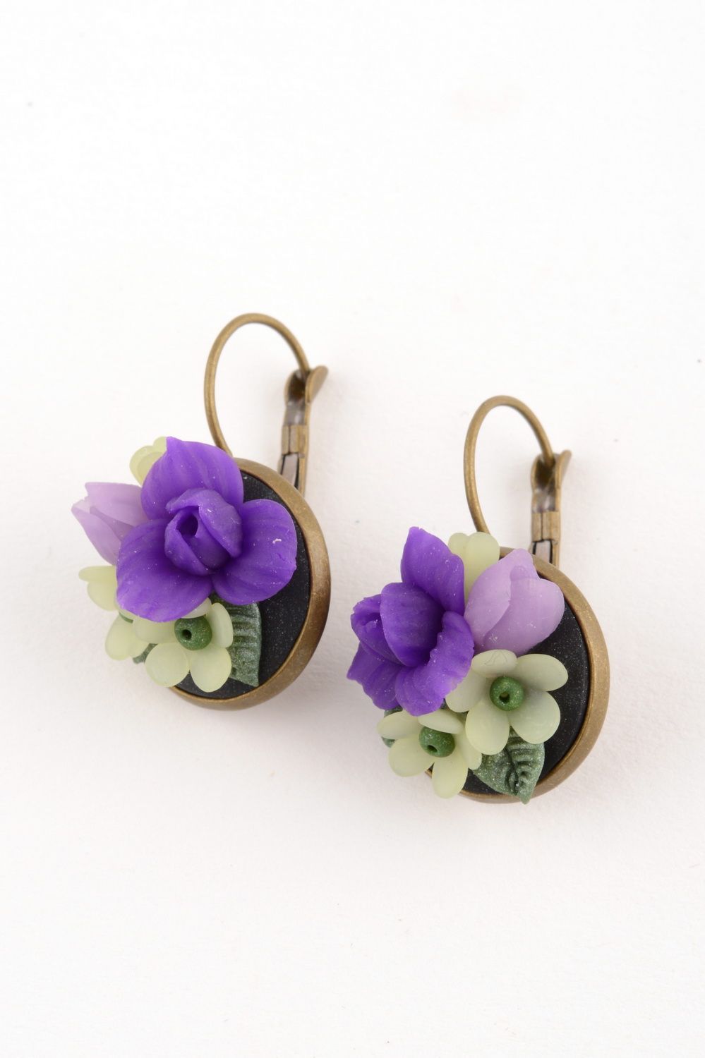 Handmade stylish festive cute earrings made of polymer clay with flowers photo 3