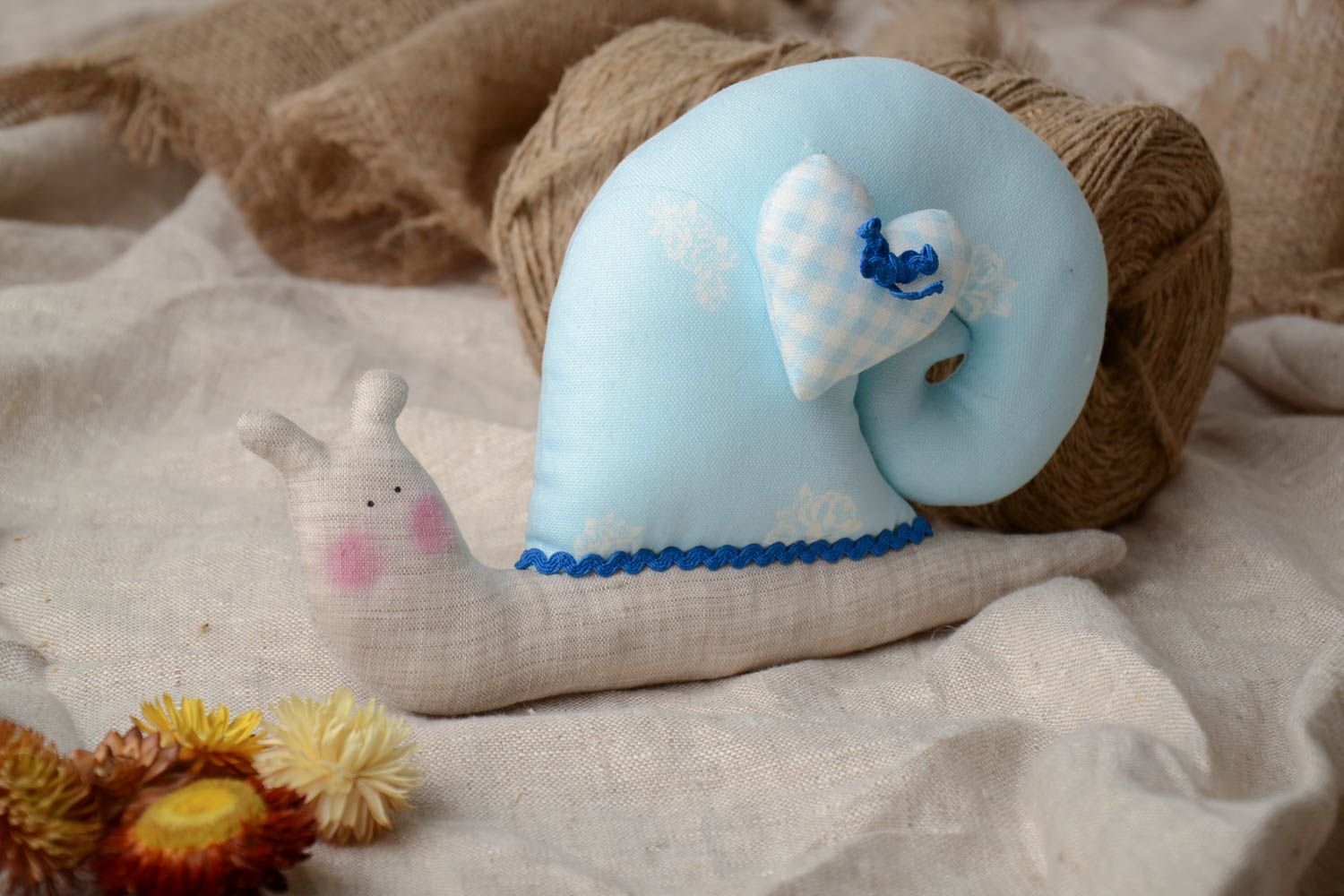 Blue handmade cotton fabric soft toy snail for interior and children photo 1