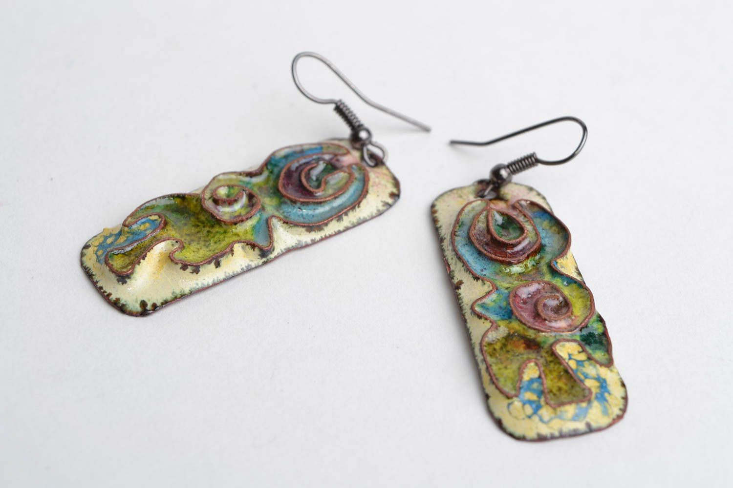 Designer copper long rectangular earrings with handmade filigree enamel painting photo 3