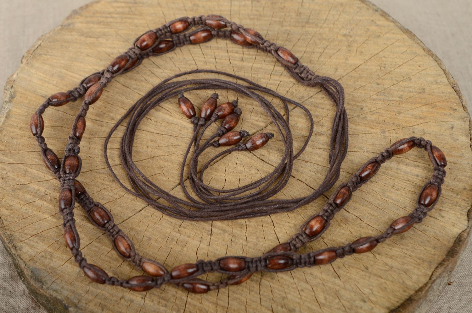 Macrame waxed cord belt with wooden beads photo 1