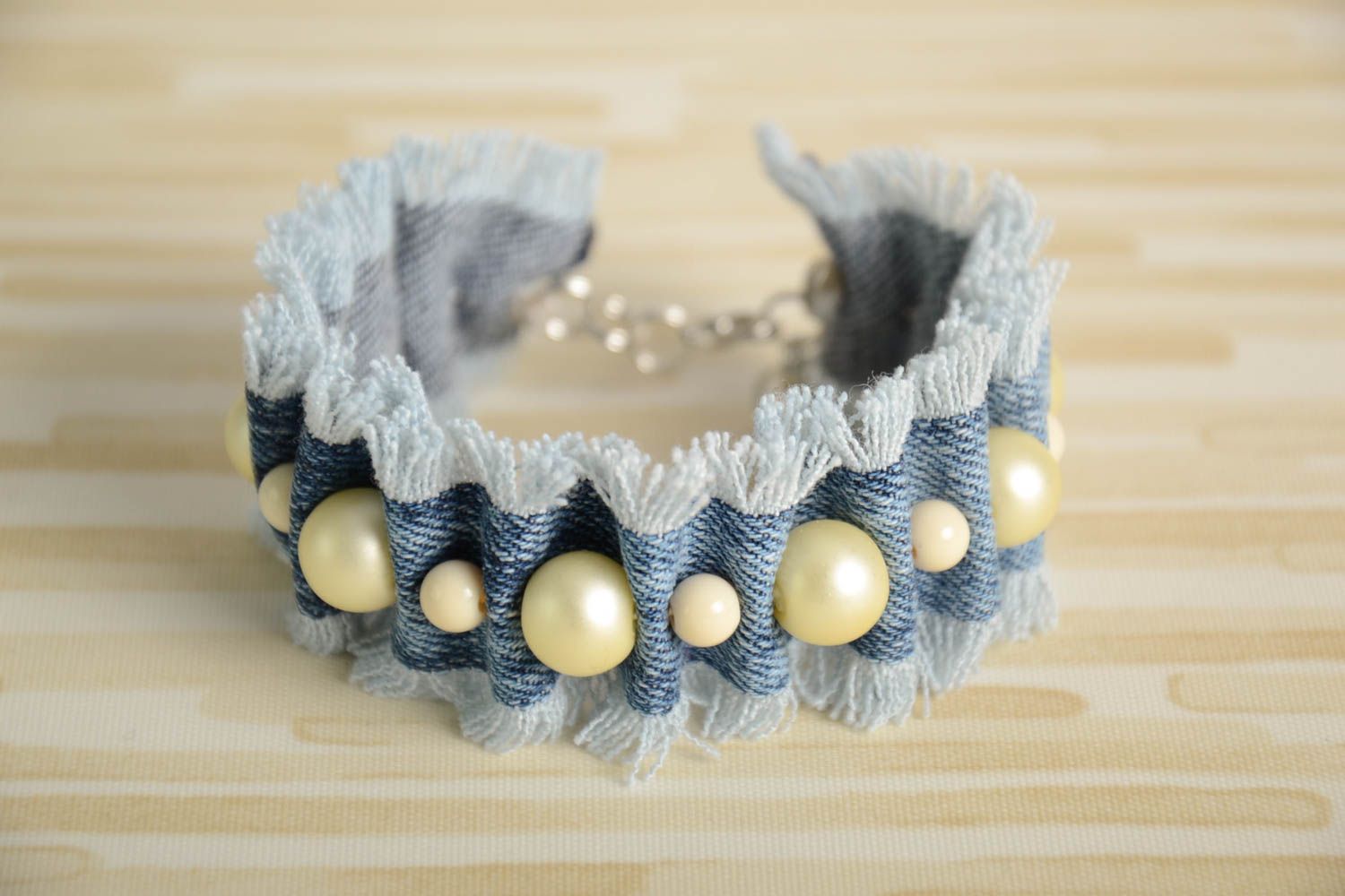 Unusual handmade textile denim bracelet with beads photo 1