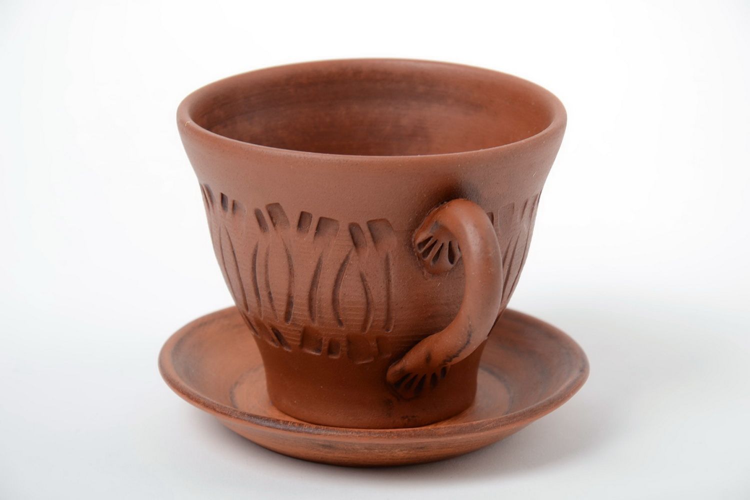 12 oz clay coffee cup in terracotta color with handle and saucer photo 2