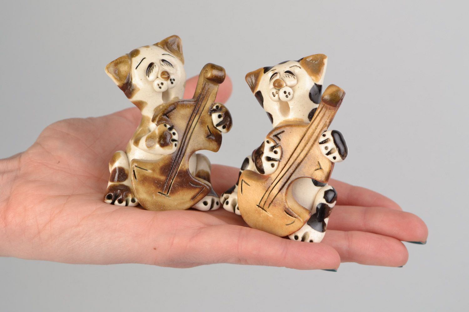 Handmade cute ceramic figurines 2 pieces funny cats for interior decor photo 2
