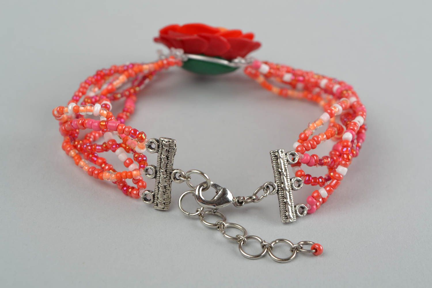 Handmade women's designer beaded wrist bracelet with red polymer clay flower photo 6