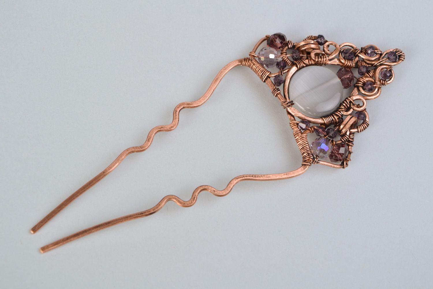 Handmade vintage wire wrap copper hair pin with natural cat's eye and crystal  photo 3