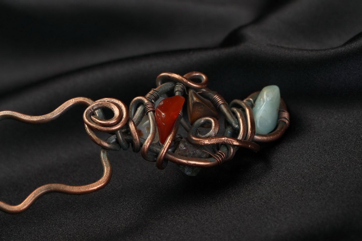 Designer's Pin Made of Copper and Natural Stones photo 3