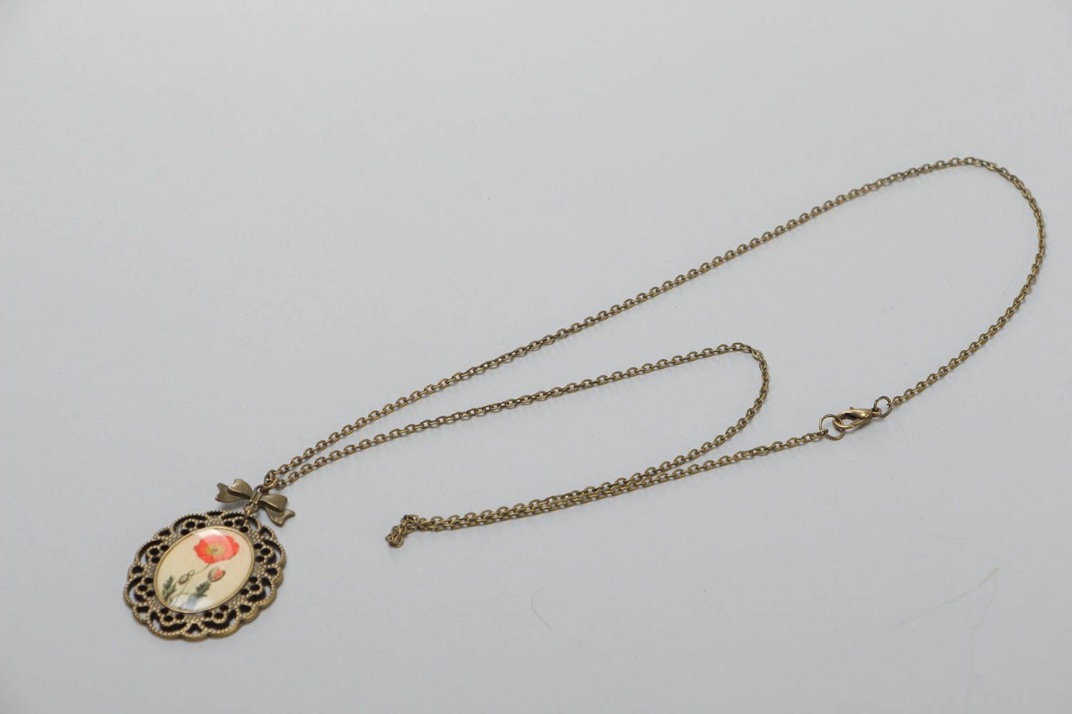 Handmade metal pendant necklace with flower image coated with glass glaze on chain photo 2