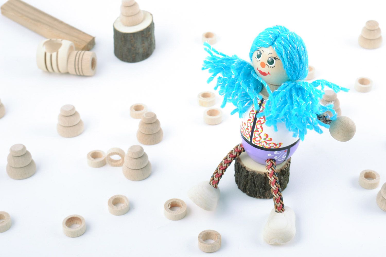 Bright painted homemade wooden eco toy girl with blue hair for little children photo 1