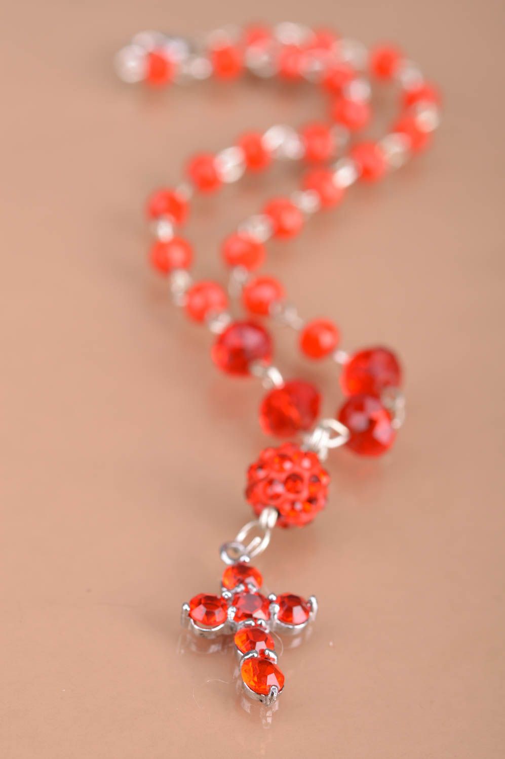 Handmade bright red beaded necklace with cross pendant designer for children photo 3