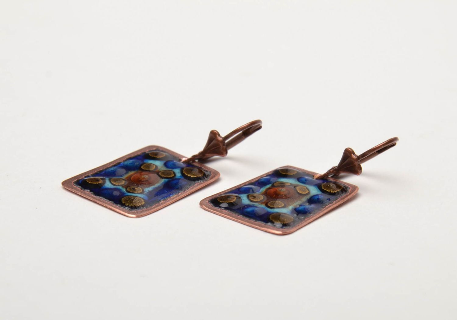 Copper earrings painted with enamels in blue color palette photo 4