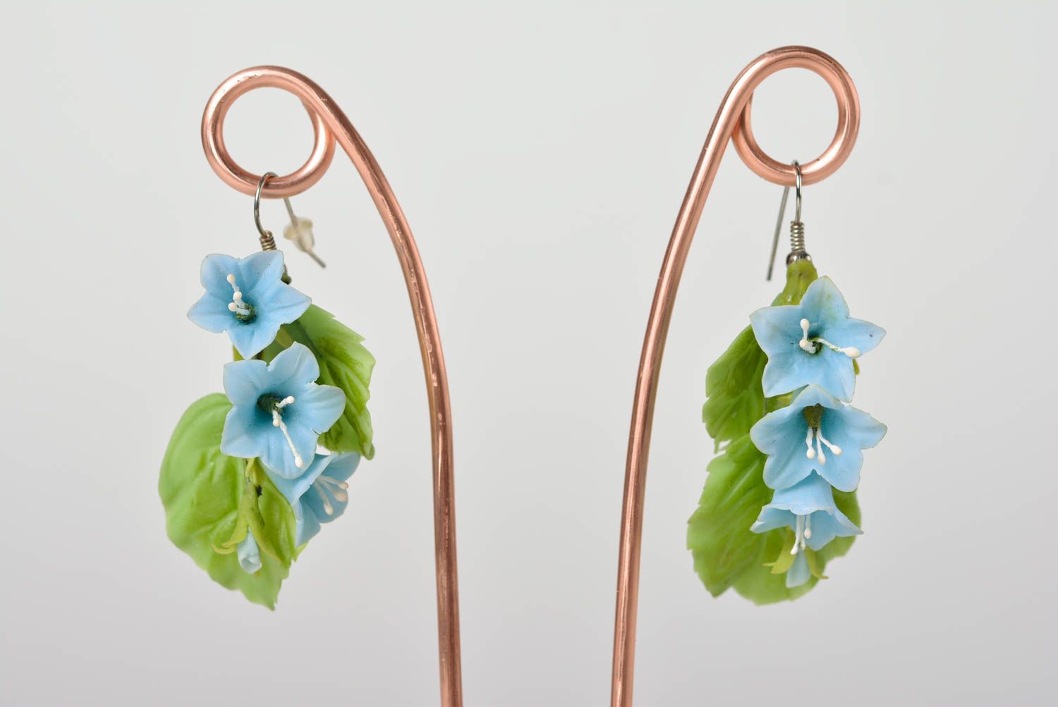 Long designer dangling earrings hand made of polymer clay blue flowers photo 1