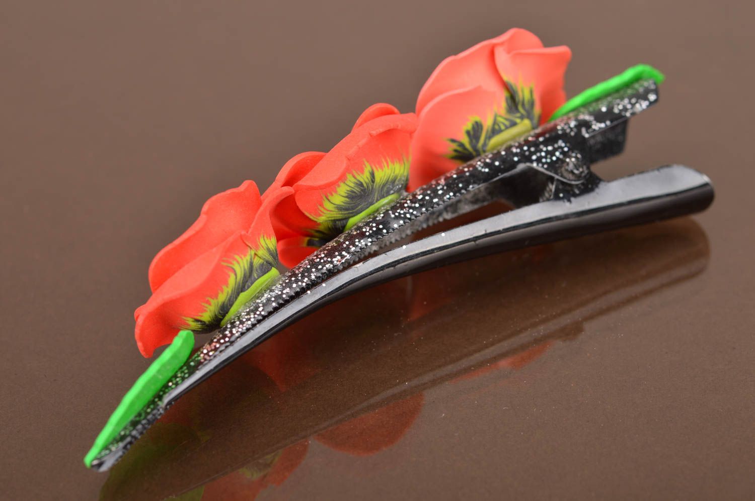Beautiful long red polymer clay flower barrette designer hair accessory photo 5