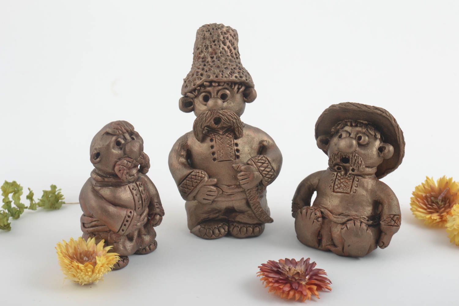 Set of 3 decorative clay figurines handmade ceramic statuettes home design photo 1