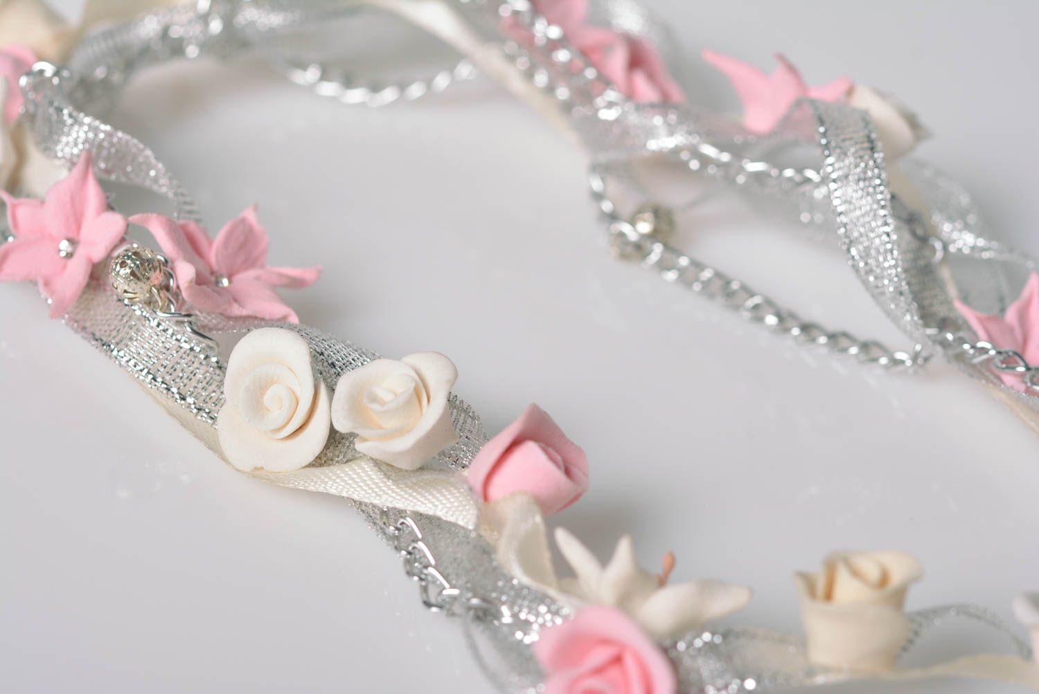 Beautiful gentle handmade polymer clay flower necklace with ribbons photo 4