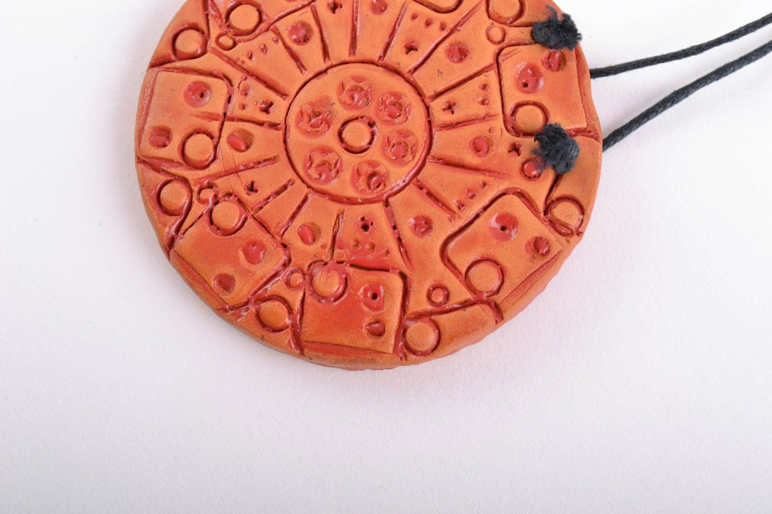 Handmade red clay round stylish beautiful pendant on long cord in ethnic style photo 3