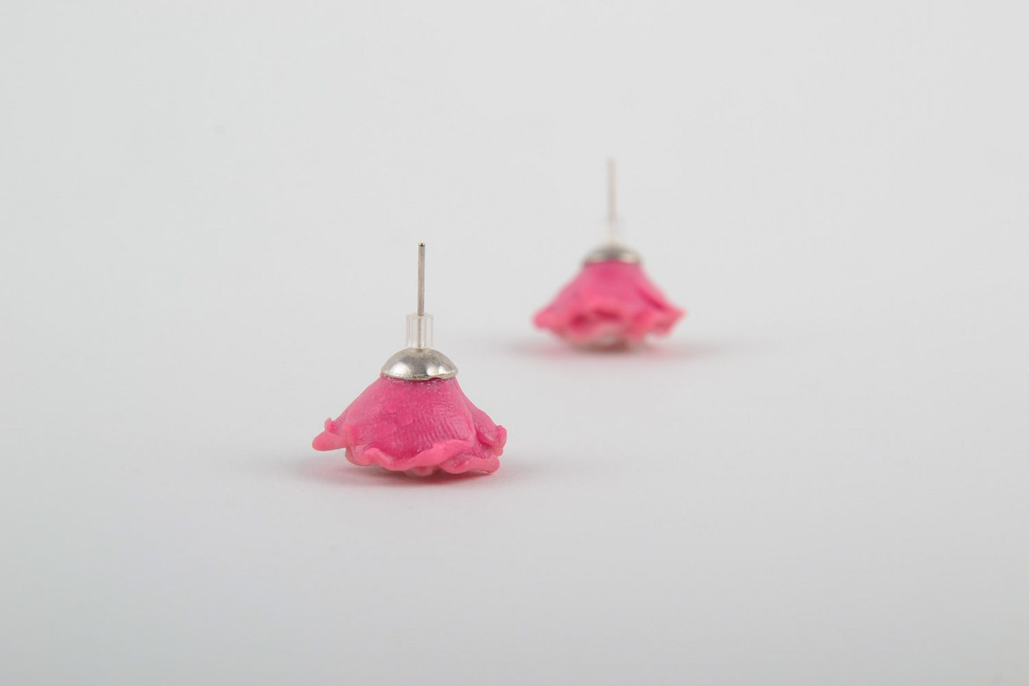 Handmade polymer clay stud earrings in the shape of tender pink rose buds  photo 5