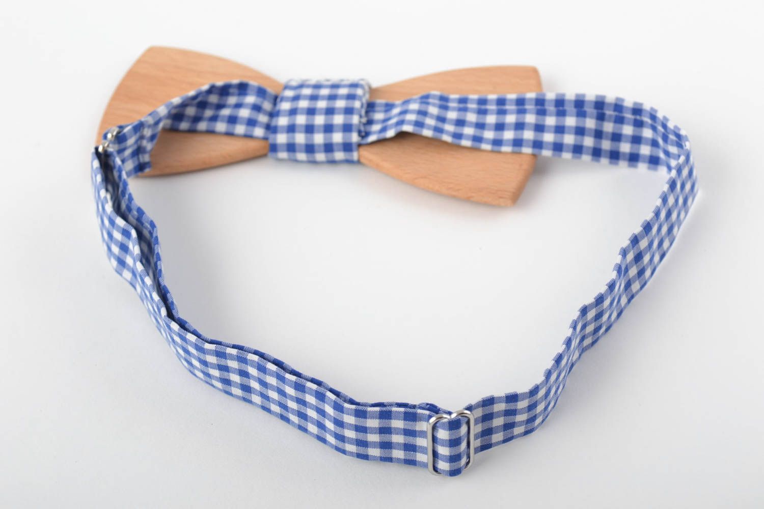 Handmade designer wooden bow tie with checkered blue fabric strap photo 3