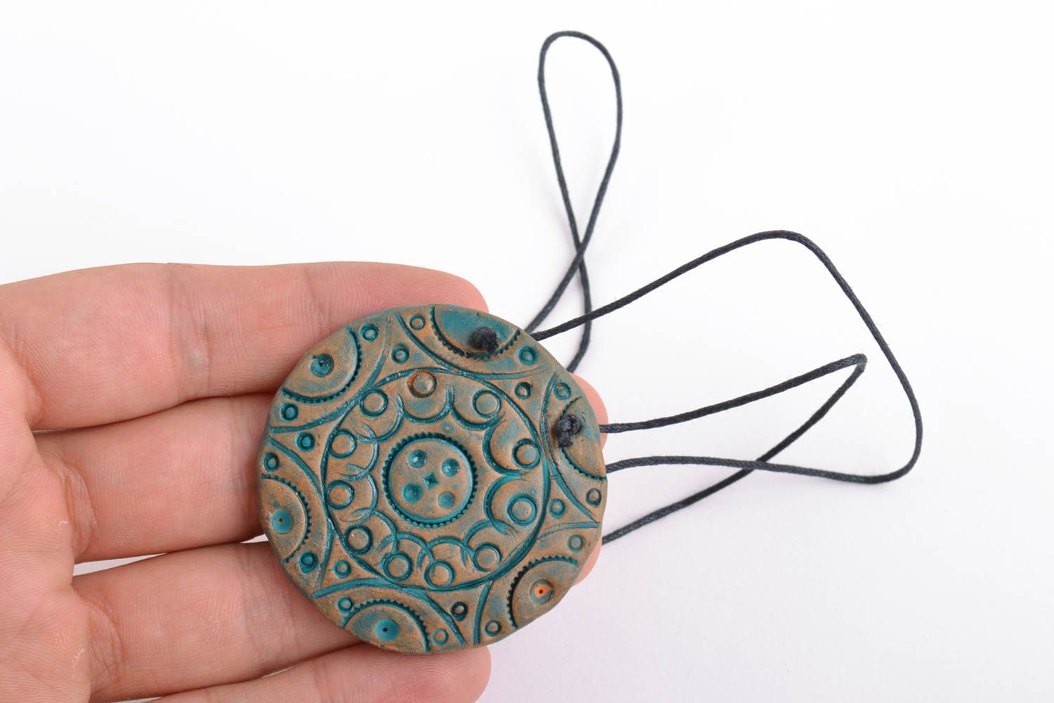 Handmade round ceramic ethnic pendant painted with blue acrylics for women photo 2