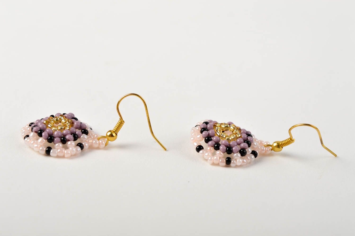 Handmade pink round earrings unusual beaded jewelry stylish massive earrings photo 4