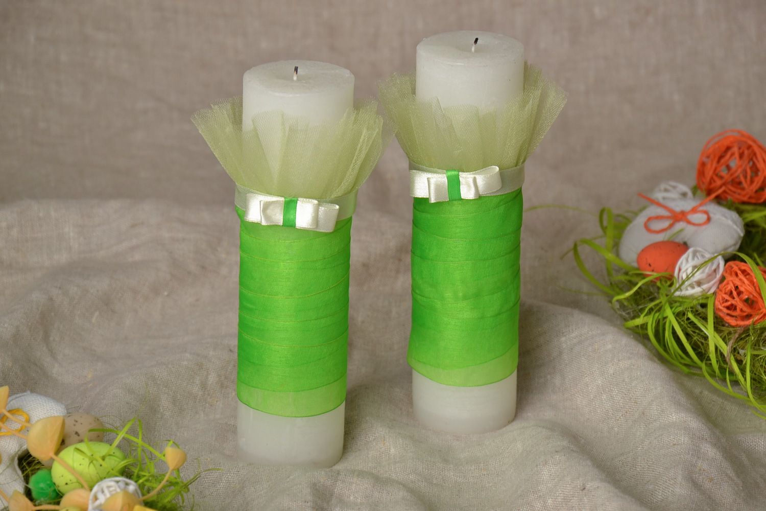 Handmade decorative wax wedding candles in white and green colors 2 items photo 1