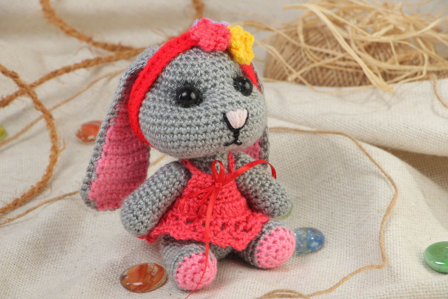 Small gray handmade soft toy bunny crocheted of acrylic threads for children photo 1