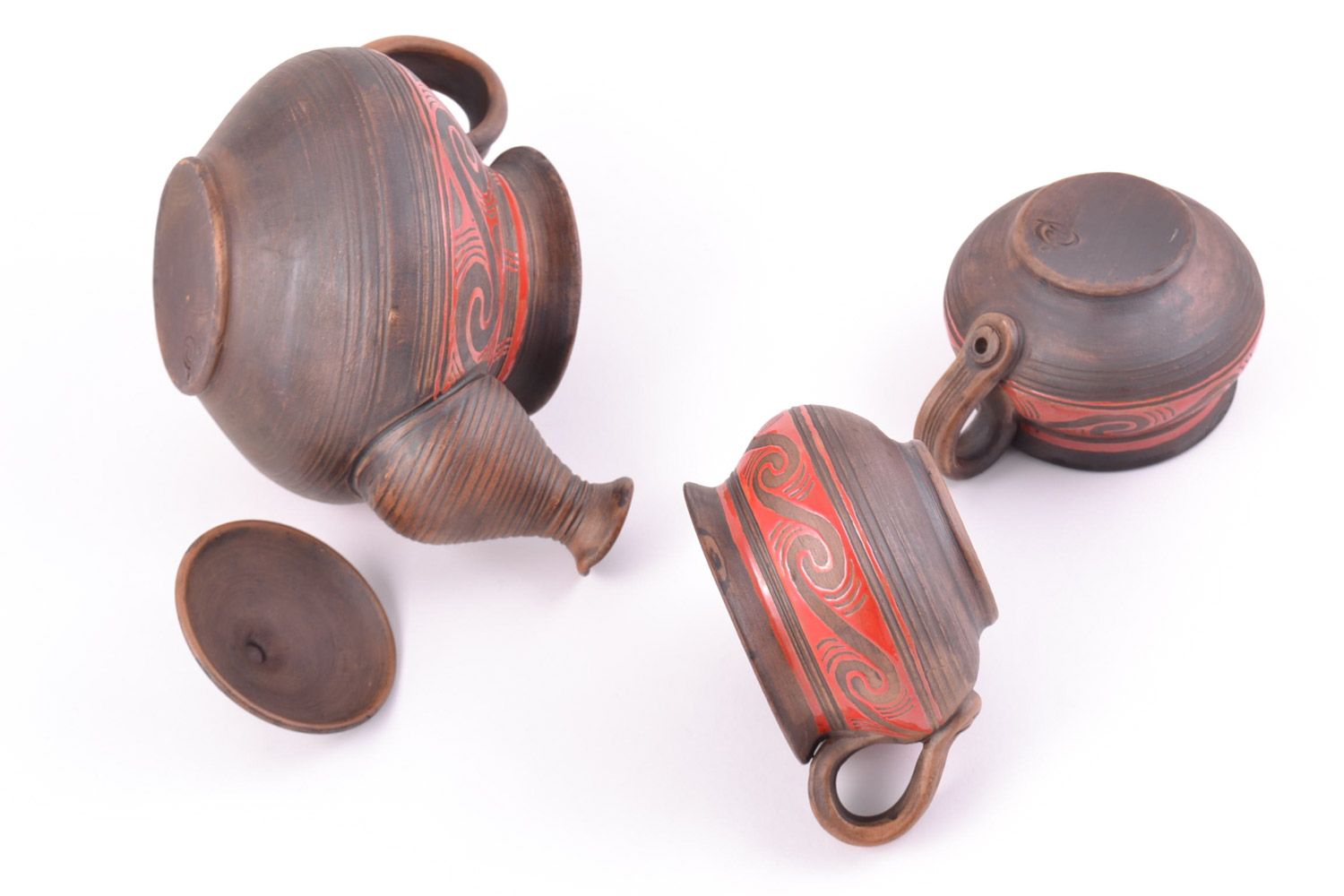 Ensemble de théière et tasses en céramique brun peint fait main 3 pièces photo 4