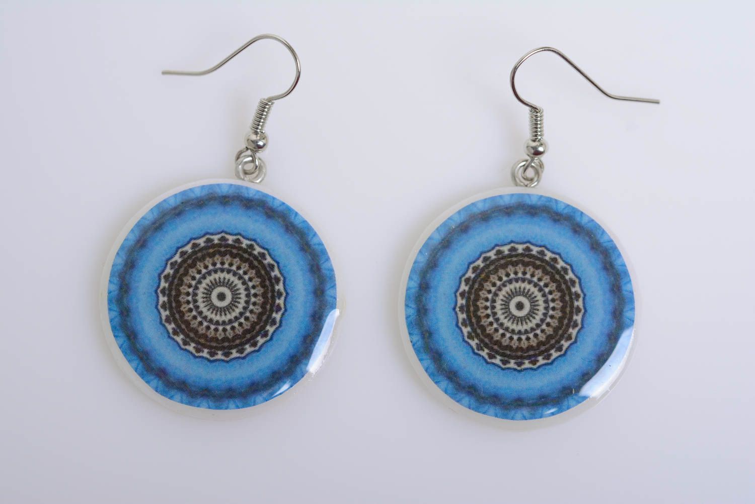 Earrings made of polymer clay with pattern round-shaped blue handmade jewelry photo 5